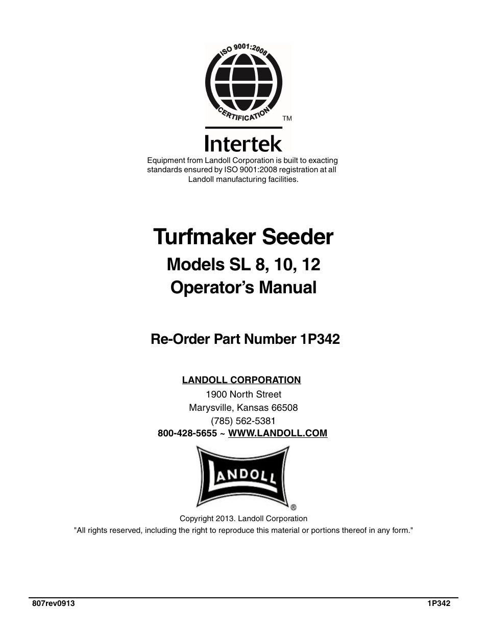 Turfmaker seeder, Re-order part number 1p342 | Landoll SL 8, 10, 12 Turfmaker Seeder User Manual | Page 56 / 56