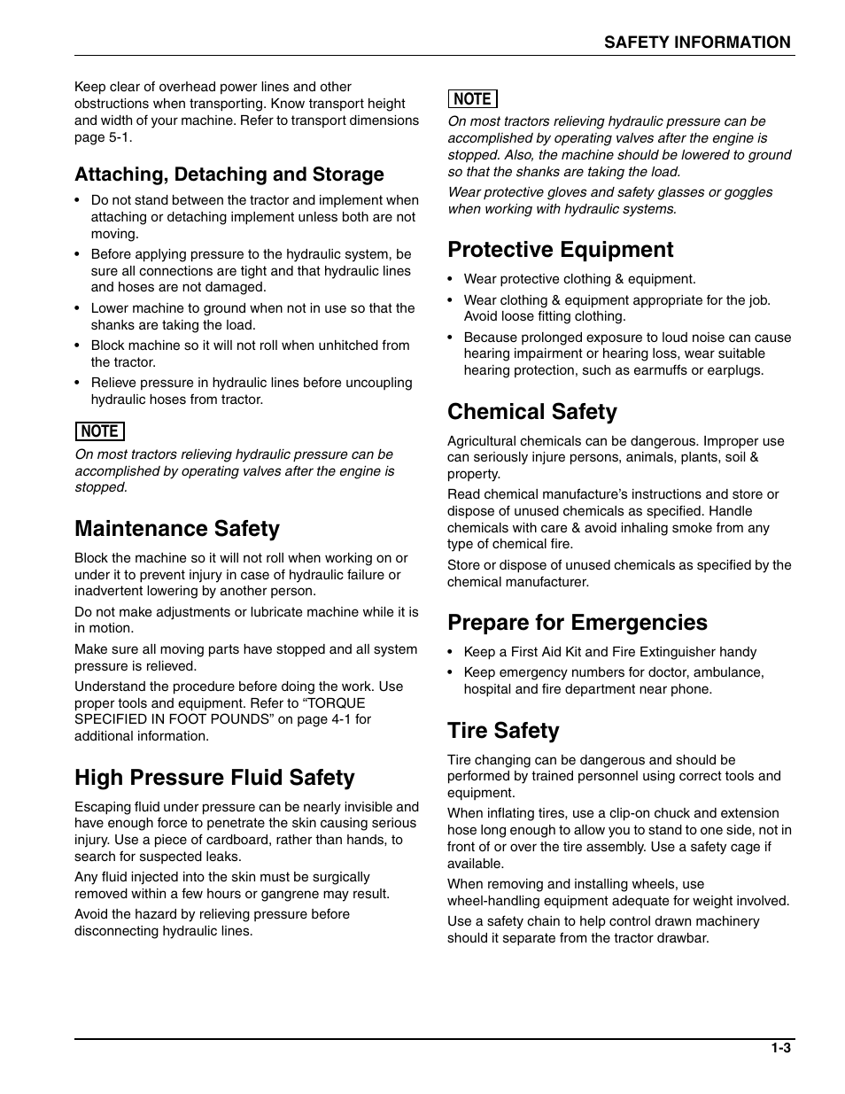 Attaching, detaching and storage, Maintenance safety, High pressure fluid safety | Protective equipment, Chemical safety, Prepare for emergencies, Tire safety | Landoll SL 8, 10, 12 Turfmaker Seeder User Manual | Page 7 / 56