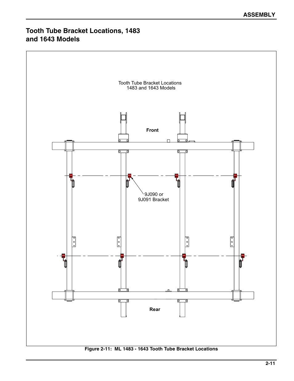 Tooth tube bracket locations, 1483 and 1643 models | Landoll MCL/MCC/MCLS/MLCS/MCCS 1483, 1643, 1803 RIGID PULVI-MULCHER User Manual | Page 21 / 52