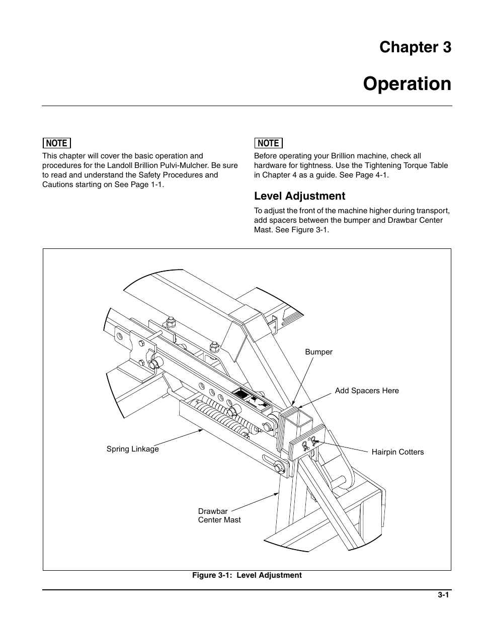 Operation, Level adjustment, Chapter 3 | Landoll MCL/MCC/MCLS/MLCS/MCCS 1483, 1643, 1803 RIGID PULVI-MULCHER User Manual | Page 39 / 52