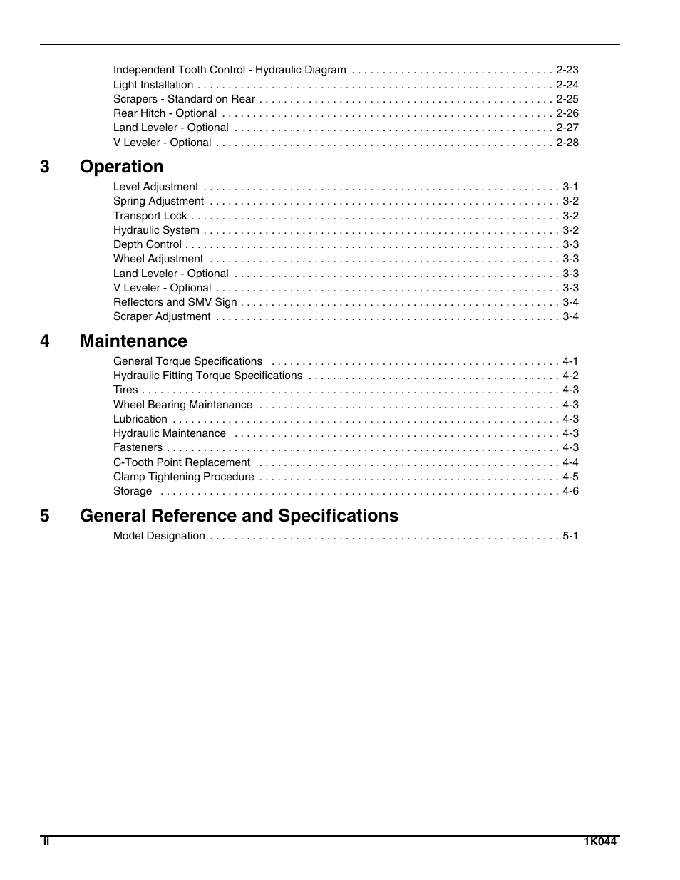 3operation, 4maintenance, 5general reference and specifications | Landoll MCL/MCC/MCLS/MLCS/MCCS 1483, 1643, 1803 RIGID PULVI-MULCHER User Manual | Page 4 / 52