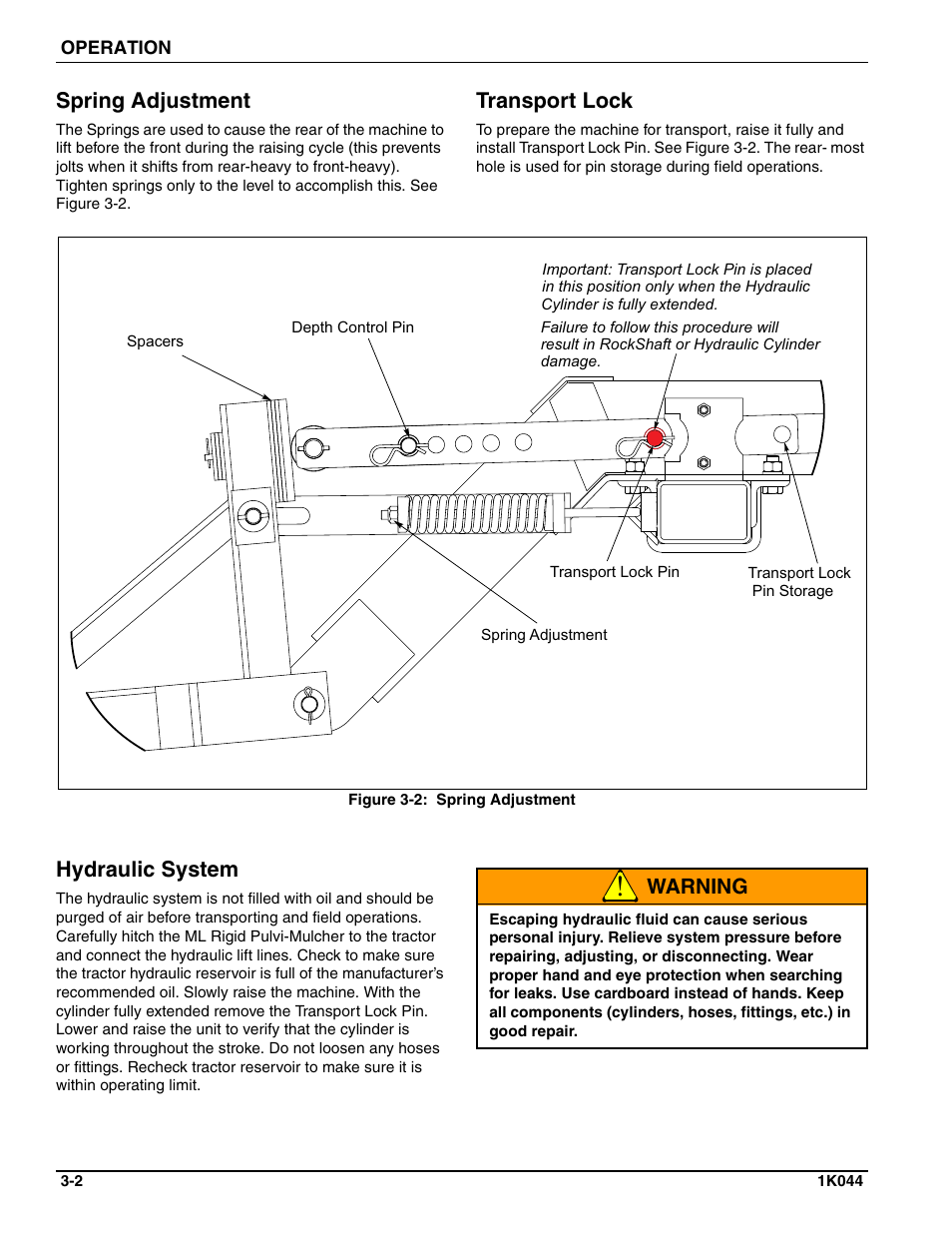 Spring adjustment, Transport lock, Hydraulic system | Warning | Landoll MCL/MCC/MCLS/MLCS/MCCS 1483, 1643, 1803 RIGID PULVI-MULCHER User Manual | Page 40 / 52