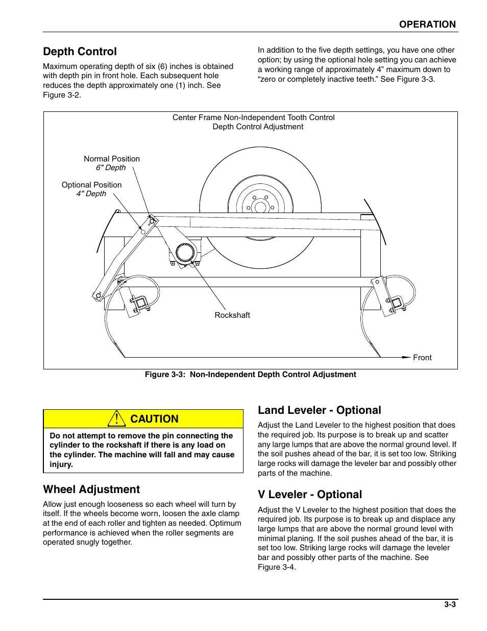 Depth control, Wheel adjustment, Land leveler - optional | V leveler - optional, Caution wheel adjustment | Landoll MCL/MCC/MCLS/MLCS/MCCS 1483, 1643, 1803 RIGID PULVI-MULCHER User Manual | Page 41 / 52