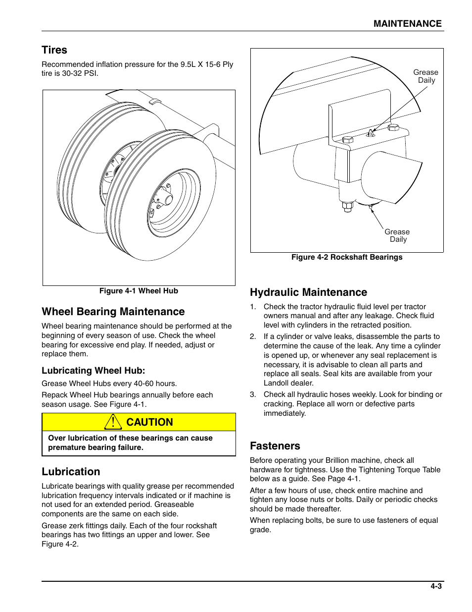 Tires, Wheel bearing maintenance, Lubrication | Hydraulic maintenance, Fasteners, Caution lubrication | Landoll MCL/MCC/MCLS/MLCS/MCCS 1483, 1643, 1803 RIGID PULVI-MULCHER User Manual | Page 45 / 52