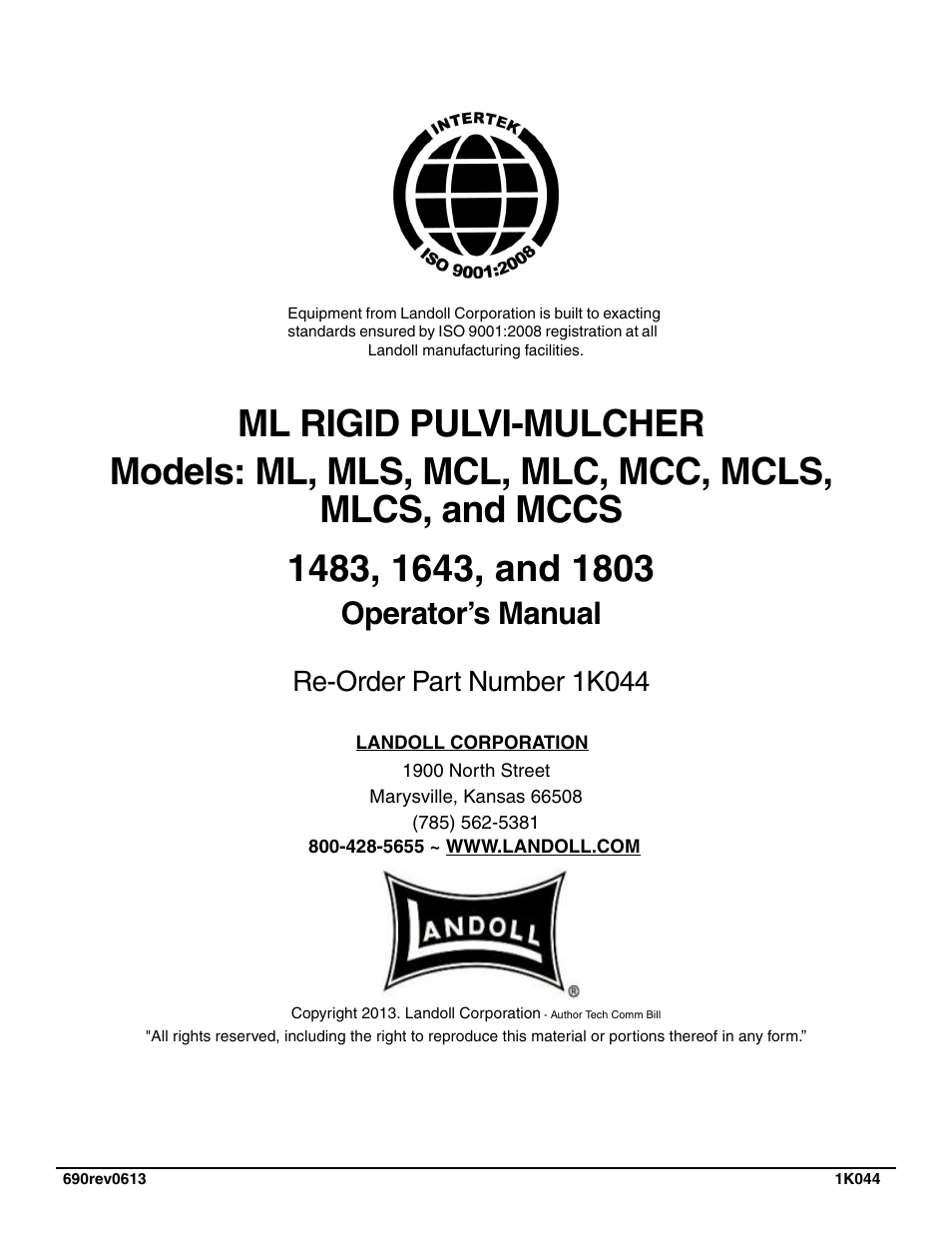 Operator’s manual, Re-order part number 1k044 | Landoll MCL/MCC/MCLS/MLCS/MCCS 1483, 1643, 1803 RIGID PULVI-MULCHER User Manual | Page 52 / 52