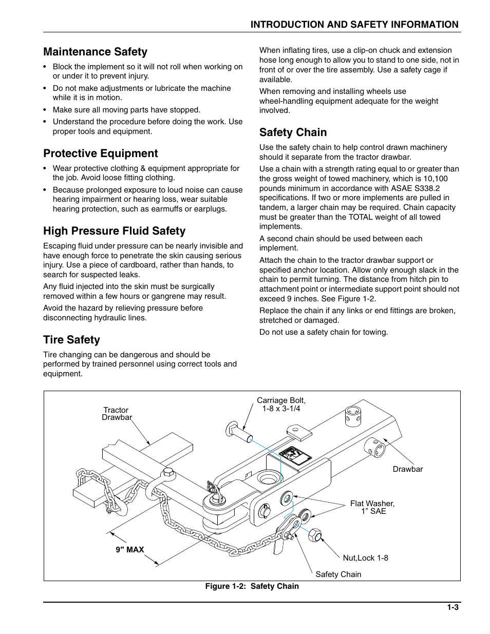 Maintenance safety, Protective equipment, High pressure fluid safety | Tire safety, Safety chain | Landoll MCL/MCC/MCLS/MLCS/MCCS 1483, 1643, 1803 RIGID PULVI-MULCHER User Manual | Page 7 / 52