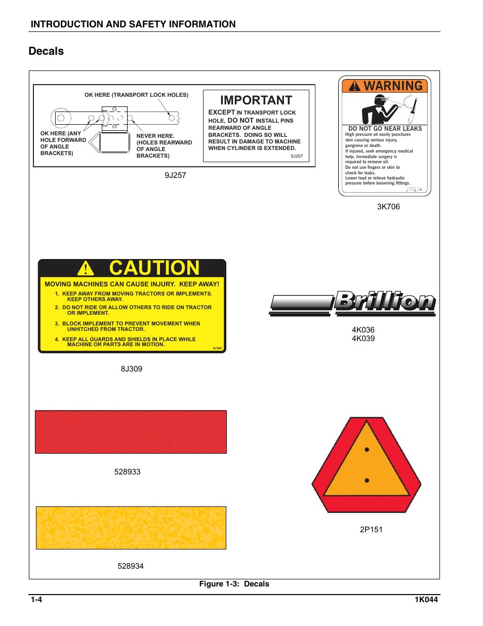 Decals, Caution, Warning | Important, Introduction and safety information | Landoll MCL/MCC/MCLS/MLCS/MCCS 1483, 1643, 1803 RIGID PULVI-MULCHER User Manual | Page 8 / 52