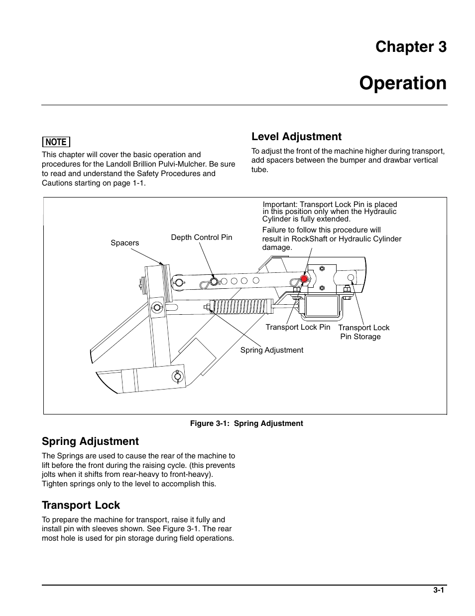 Operation, Level adjustment, Spring adjustment | Transport lock, Chapter 3 | Landoll MCCS2253 18,9 RIGID PULVI-MULCHER User Manual | Page 35 / 46