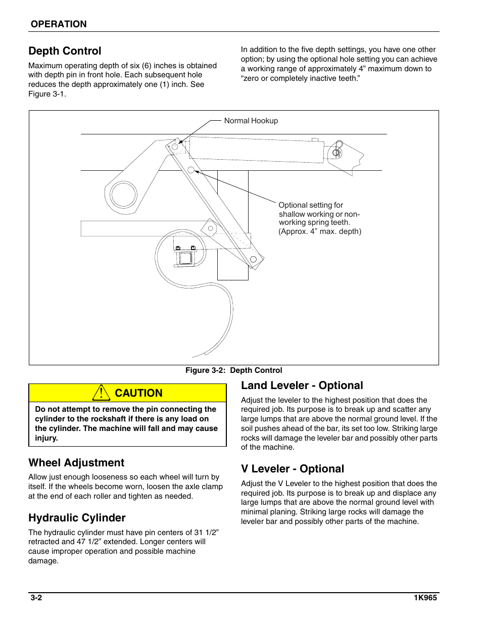 Depth control, Wheel adjustment, Hydraulic cylinder | Land leveler - optional, V leveler - optional, Caution wheel adjustment | Landoll MCCS2253 18,9 RIGID PULVI-MULCHER User Manual | Page 36 / 46