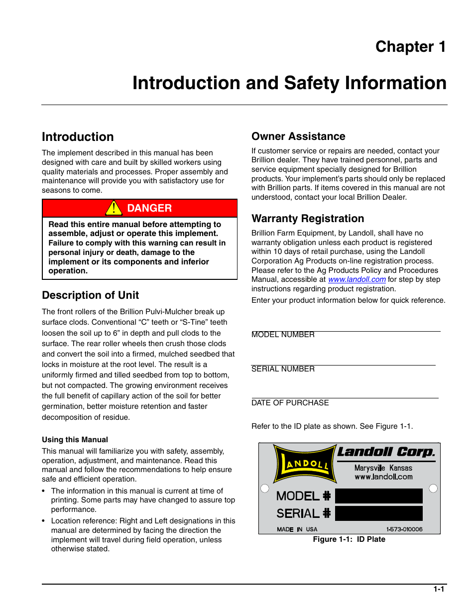 Introduction and safety information, Introduction, Description of unit | Owner assistance, Warranty registration, Chapter 1 | Landoll MCCS2253 18,9 RIGID PULVI-MULCHER User Manual | Page 5 / 46