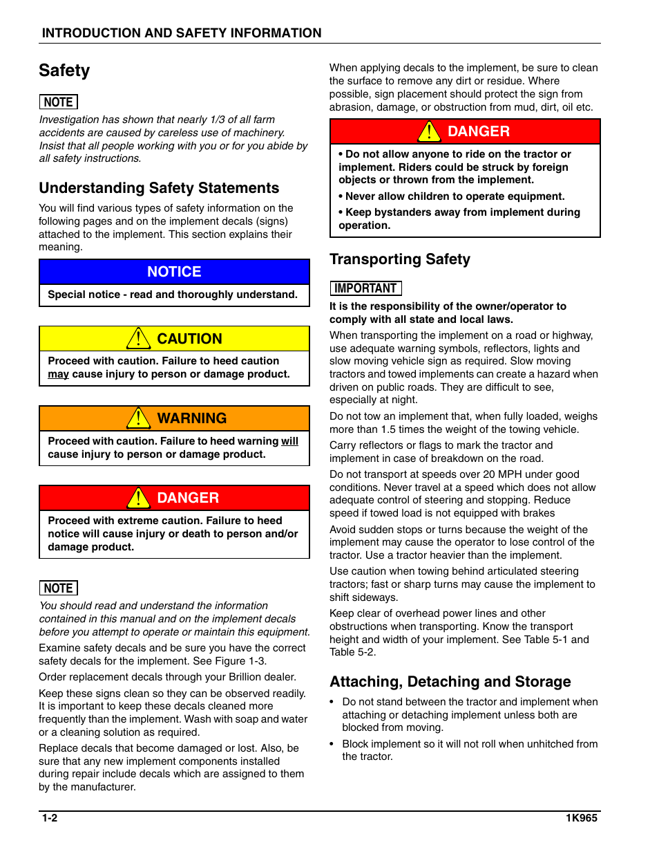 Safety, Understanding safety statements, Transporting safety | Attaching, detaching and storage | Landoll MCCS2253 18,9 RIGID PULVI-MULCHER User Manual | Page 6 / 46