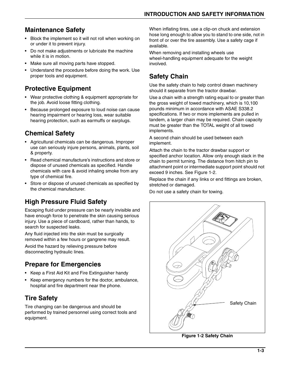 Maintenance safety, Protective equipment, Chemical safety | High pressure fluid safety, Prepare for emergencies, Tire safety, Safety chain | Landoll MCCS2253 18,9 RIGID PULVI-MULCHER User Manual | Page 7 / 46