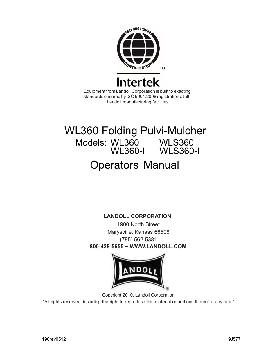 Operators manual, Wl360 folding pulvi-mulcher | Landoll WLS360/WLS360-I Folding Pulvi-Mulcher User Manual | Page 48 / 48