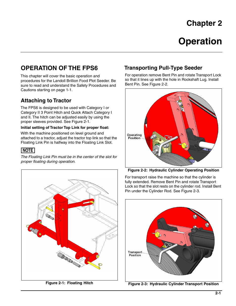 Operation, Operation of the fps6, Attaching to tractor | Transporting pull-type seeder, Chapter 2 | Landoll FPSBT-6 Food Plot Seeder User Manual | Page 11 / 42