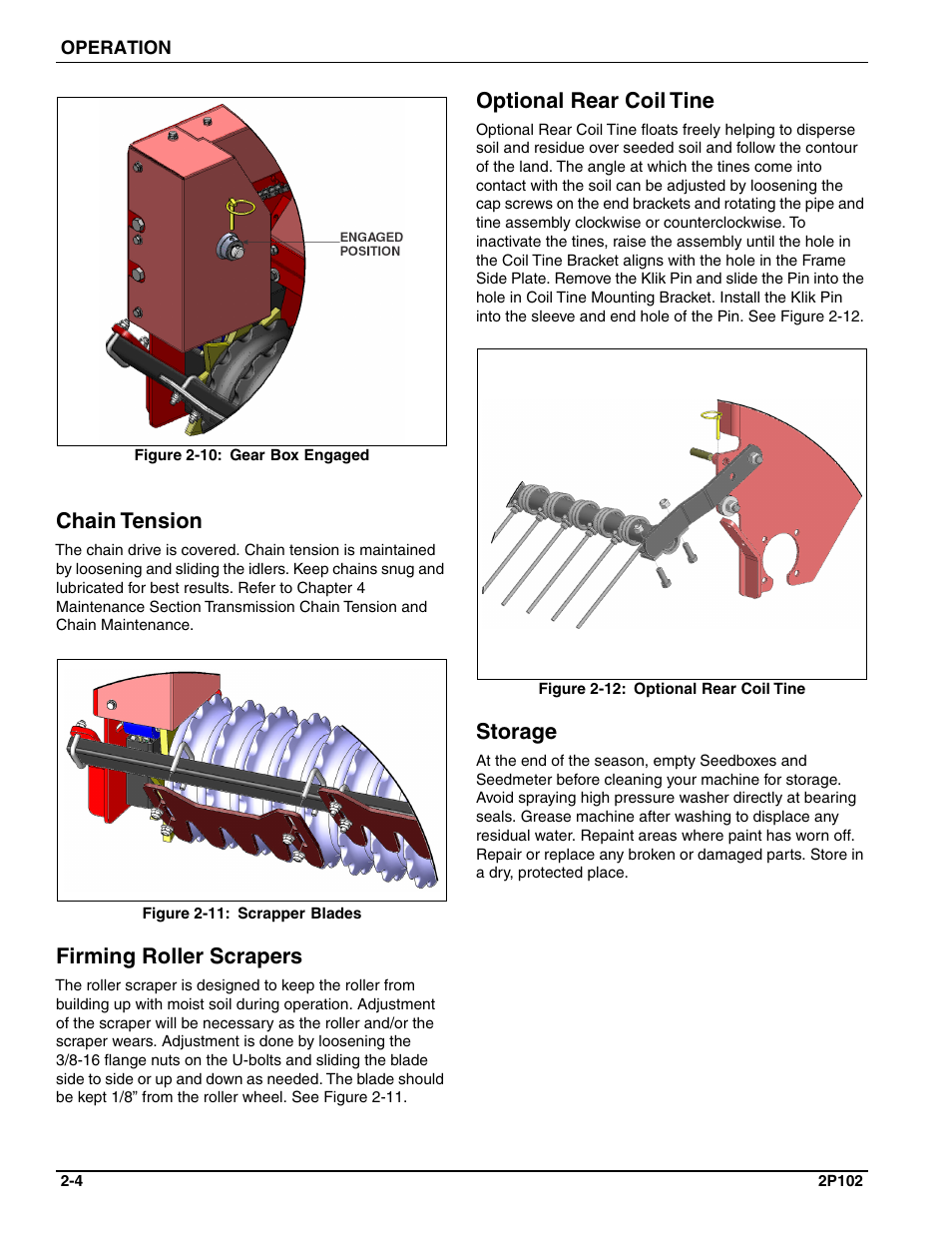 Chain tension, Firming roller scrapers, Optional rear coil tine | Storage | Landoll FPSBT-6 Food Plot Seeder User Manual | Page 14 / 42