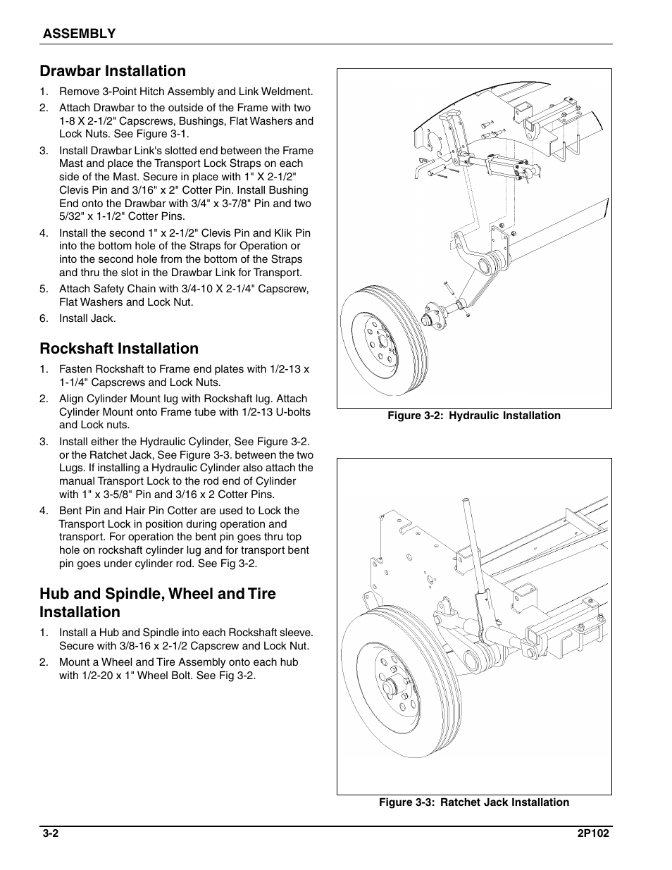 Drawbar installation, Rockshaft installation, Hub and spindle, wheel and tire installation | Landoll FPSBT-6 Food Plot Seeder User Manual | Page 22 / 42