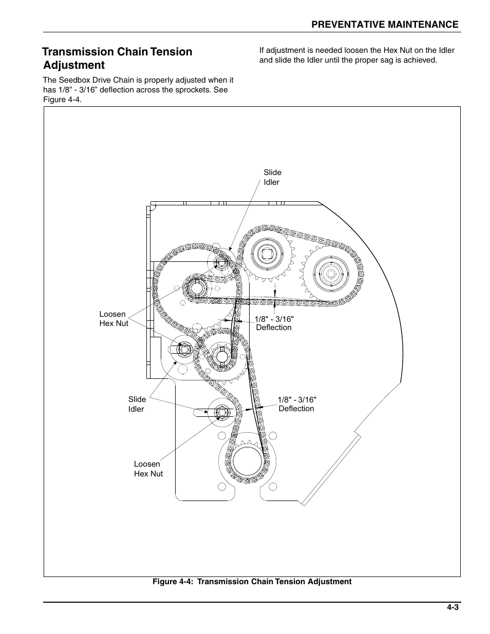 Transmission chain tension adjustment | Landoll FPSBT-6 Food Plot Seeder User Manual | Page 33 / 42