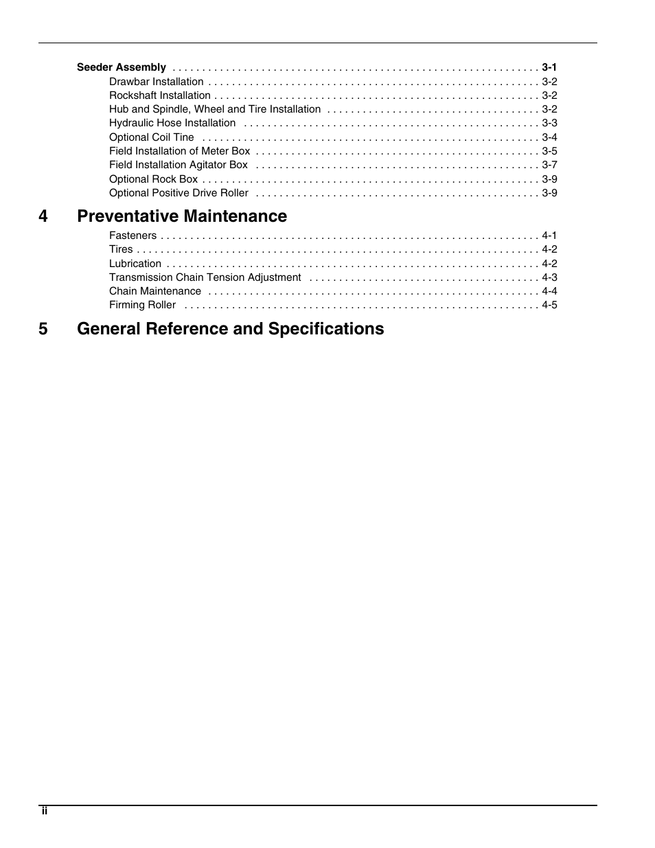 4preventative maintenance, 5general reference and specifications | Landoll FPSBT-6 Food Plot Seeder User Manual | Page 4 / 42