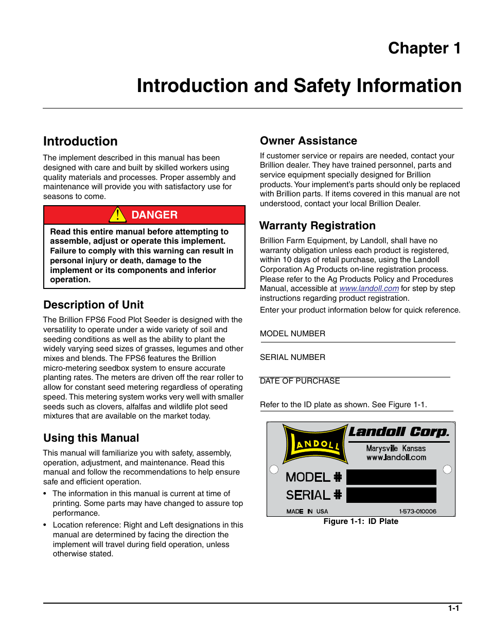 Introduction and safety information, Introduction, Description of unit | Using this manual, Owner assistance, Warranty registration, Chapter 1 | Landoll FPSBT-6 Food Plot Seeder User Manual | Page 5 / 42