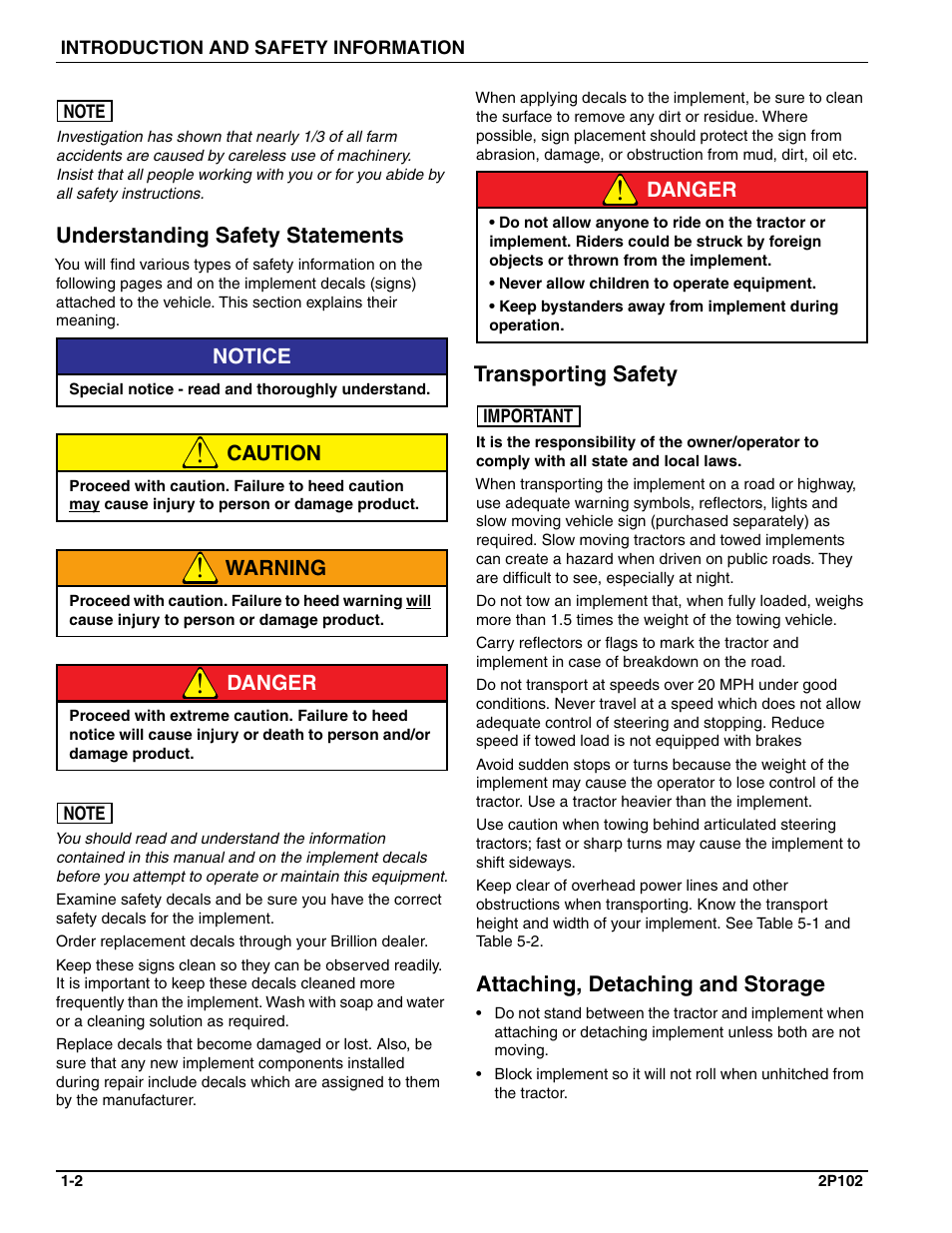 Understanding safety statements, Transporting safety, Attaching, detaching and storage | Notice, Caution, Warning, Danger, Danger transporting safety | Landoll FPSBT-6 Food Plot Seeder User Manual | Page 6 / 42