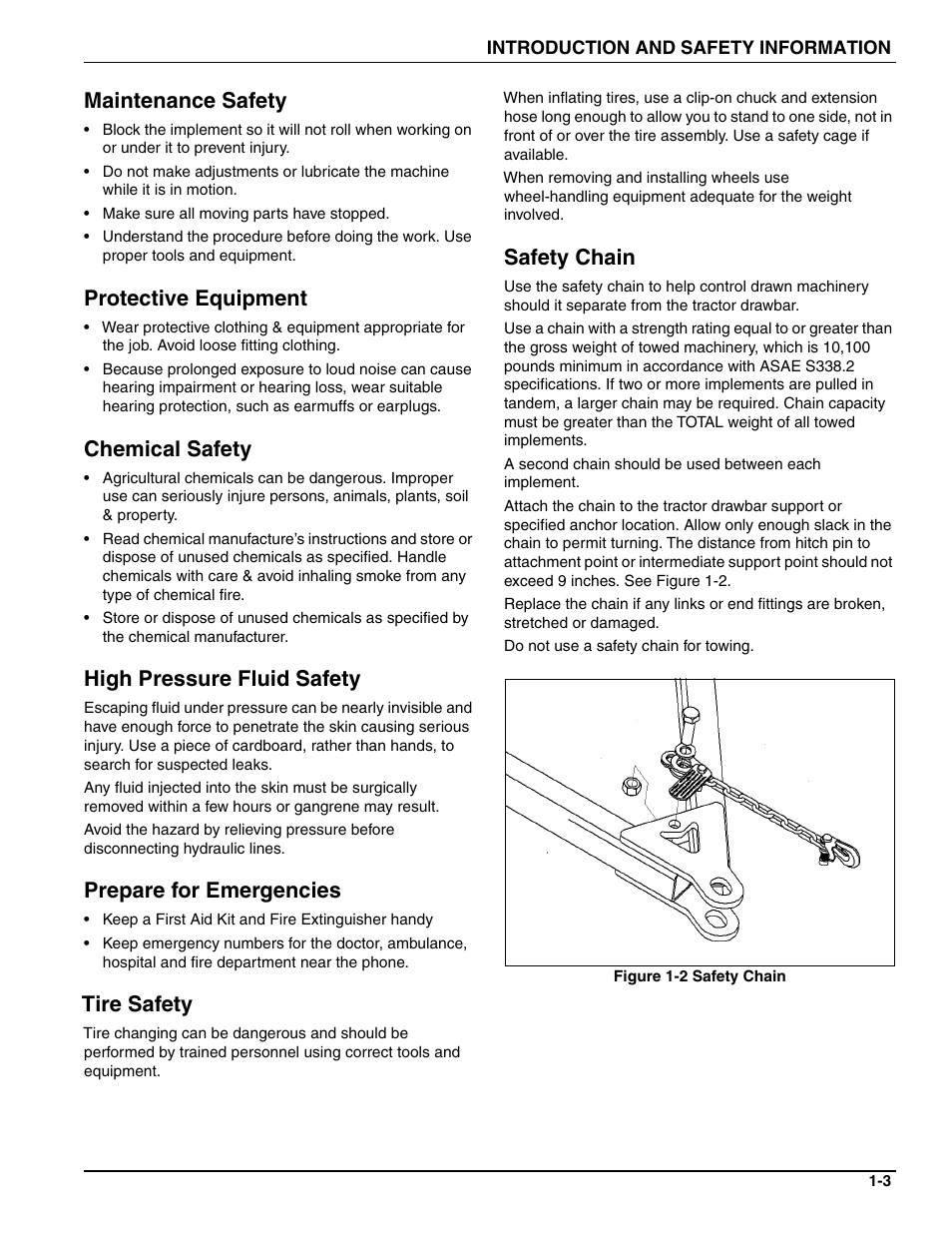 Maintenance safety, Protective equipment, Chemical safety | High pressure fluid safety, Prepare for emergencies, Tire safety, Safety chain | Landoll FPSBT-6 Food Plot Seeder User Manual | Page 7 / 42