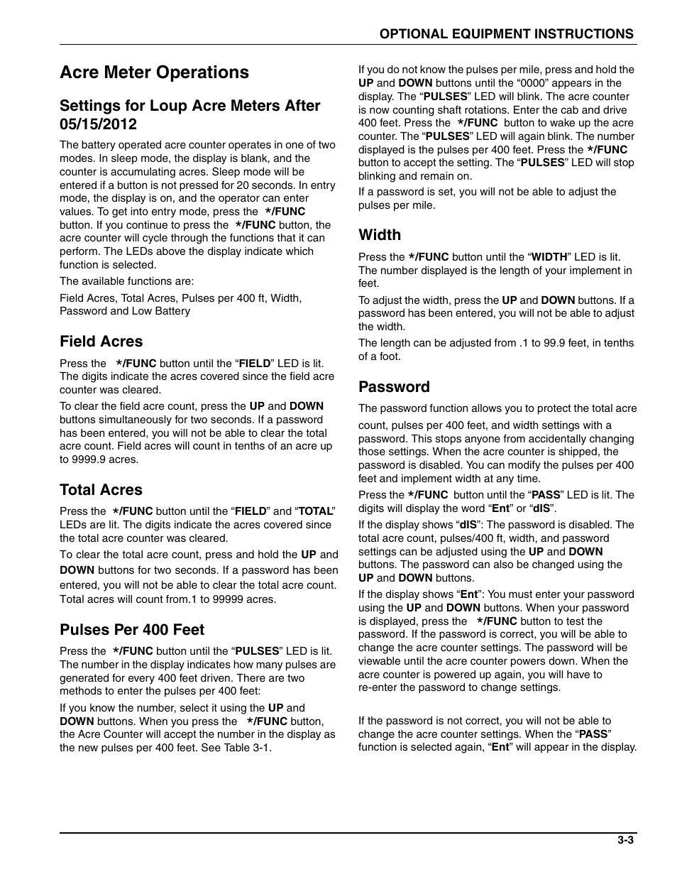 Acre meter operations, Settings for loup acre meters after 05/15/2012 | Landoll BPSB6 Till-N Seed User Manual | Page 35 / 56