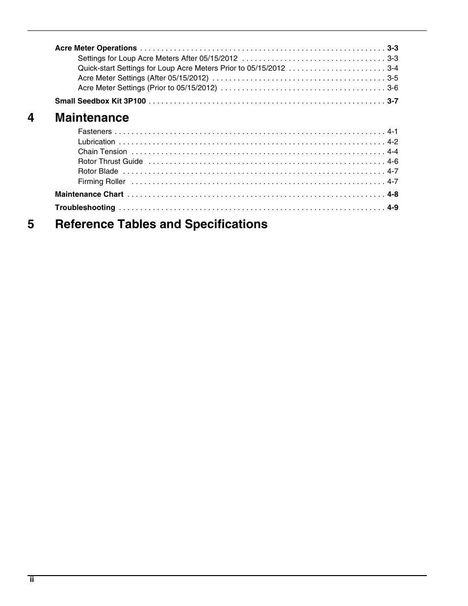 4maintenance, 5reference tables and specifications | Landoll BPSB6 Till-N Seed User Manual | Page 4 / 56