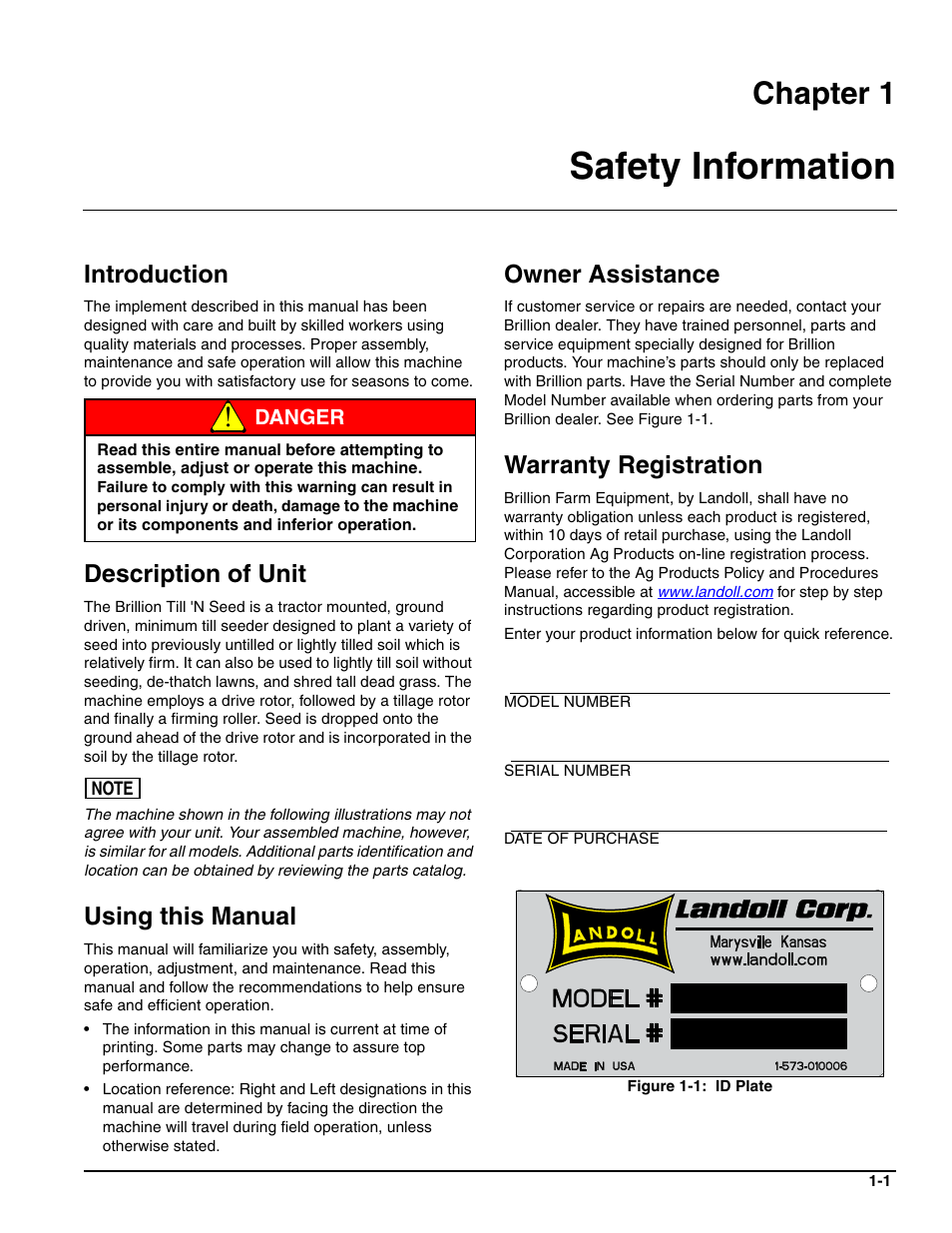 Safety information, Introduction, Description of unit | Using this manual, Owner assistance, Warranty registration, Chapter 1 | Landoll BPSB6 Till-N Seed User Manual | Page 5 / 56