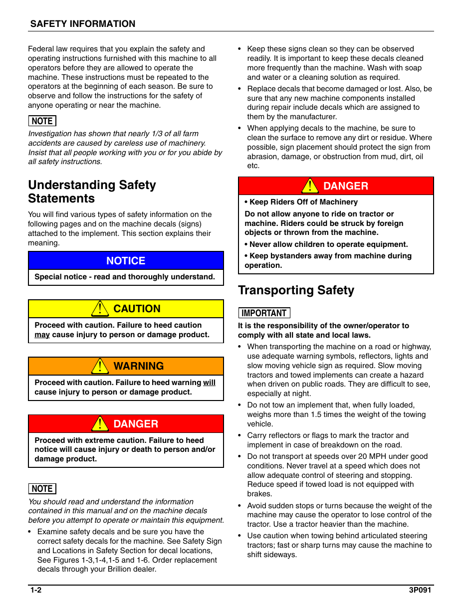 Understanding safety statements, Transporting safety, Notice | Caution, Warning, Danger | Landoll BPSB6 Till-N Seed User Manual | Page 6 / 56