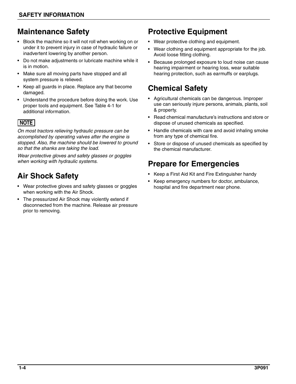 Maintenance safety, Air shock safety, Protective equipment | Chemical safety, Prepare for emergencies | Landoll BPSB6 Till-N Seed User Manual | Page 8 / 56