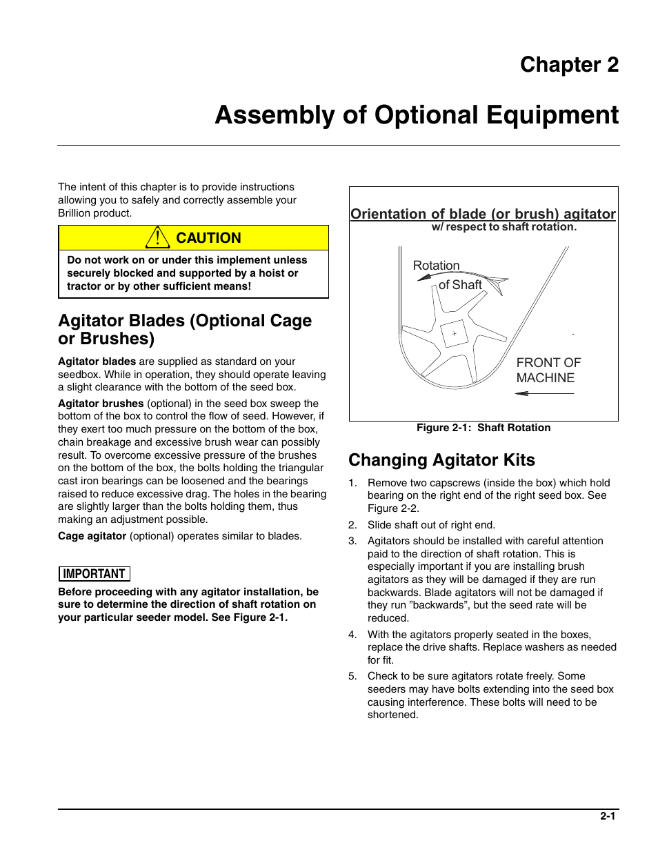 Assembly of optional equipment, Agitator blades (optional cage or brushes), Changing agitator kits | Chapter 2 | Landoll SSP6 SURE STAND GRASS SEEDER User Manual | Page 11 / 34