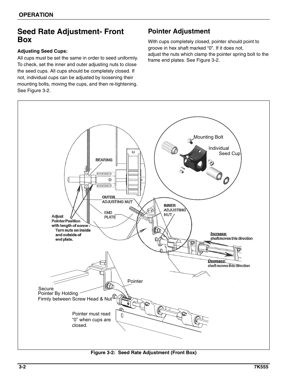 Seed rate adjustment- front box, Pointer adjustment | Landoll SSP6 SURE STAND GRASS SEEDER User Manual | Page 18 / 34