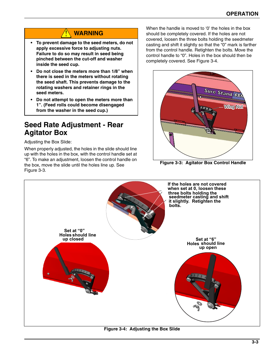 Seed rate adjustment - rear agitator box, Warning | Landoll SSP6 SURE STAND GRASS SEEDER User Manual | Page 19 / 34