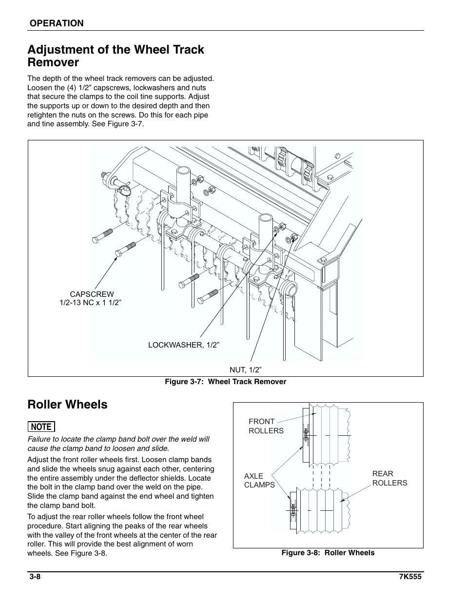Adjustment of the wheel track remover, Roller wheels | Landoll SSP6 SURE STAND GRASS SEEDER User Manual | Page 24 / 34