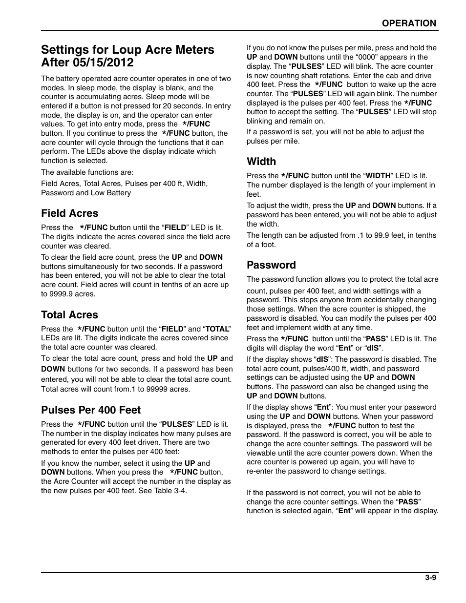 Settings for loup acre meters after 05/15/2012, Field acres, Total acres | Pulses per 400 feet, Width, Password | Landoll SSP6 SURE STAND GRASS SEEDER User Manual | Page 25 / 34