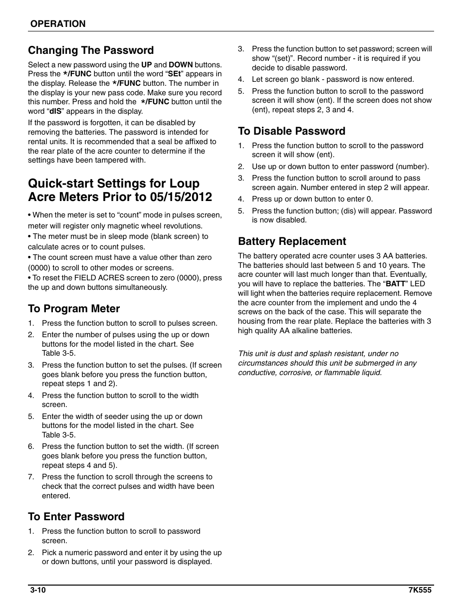 Changing the password, To program meter, To enter password | To disable password, Battery replacement | Landoll SSP6 SURE STAND GRASS SEEDER User Manual | Page 26 / 34