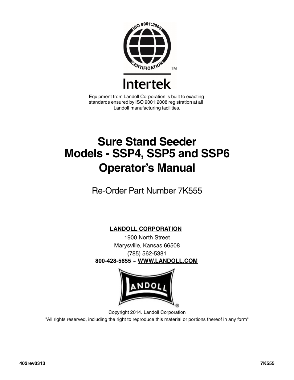 Re-order part number 7k555 | Landoll SSP6 SURE STAND GRASS SEEDER User Manual | Page 34 / 34