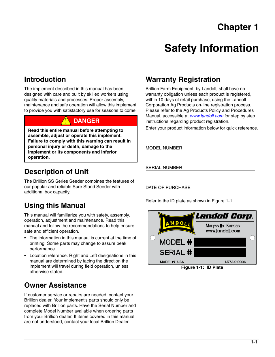 Safety information, Introduction, Description of unit | Using this manual, Owner assistance, Warranty registration, Chapter 1 | Landoll SSP6 SURE STAND GRASS SEEDER User Manual | Page 5 / 34