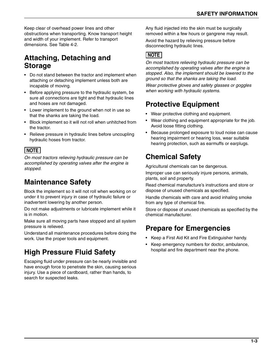 Attaching, detaching and storage, Maintenance safety, High pressure fluid safety | Protective equipment, Chemical safety, Prepare for emergencies | Landoll SSP6 SURE STAND GRASS SEEDER User Manual | Page 7 / 34