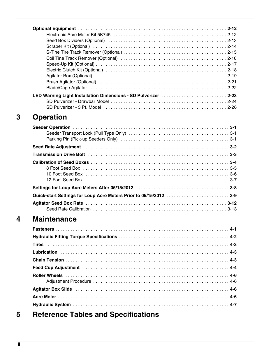 3operation, 4maintenance, 5reference tables and specifications | Landoll SS/SSB/SSP/SSBP 8, 10, 12 Sure Stand Seeder User Manual | Page 4 / 68