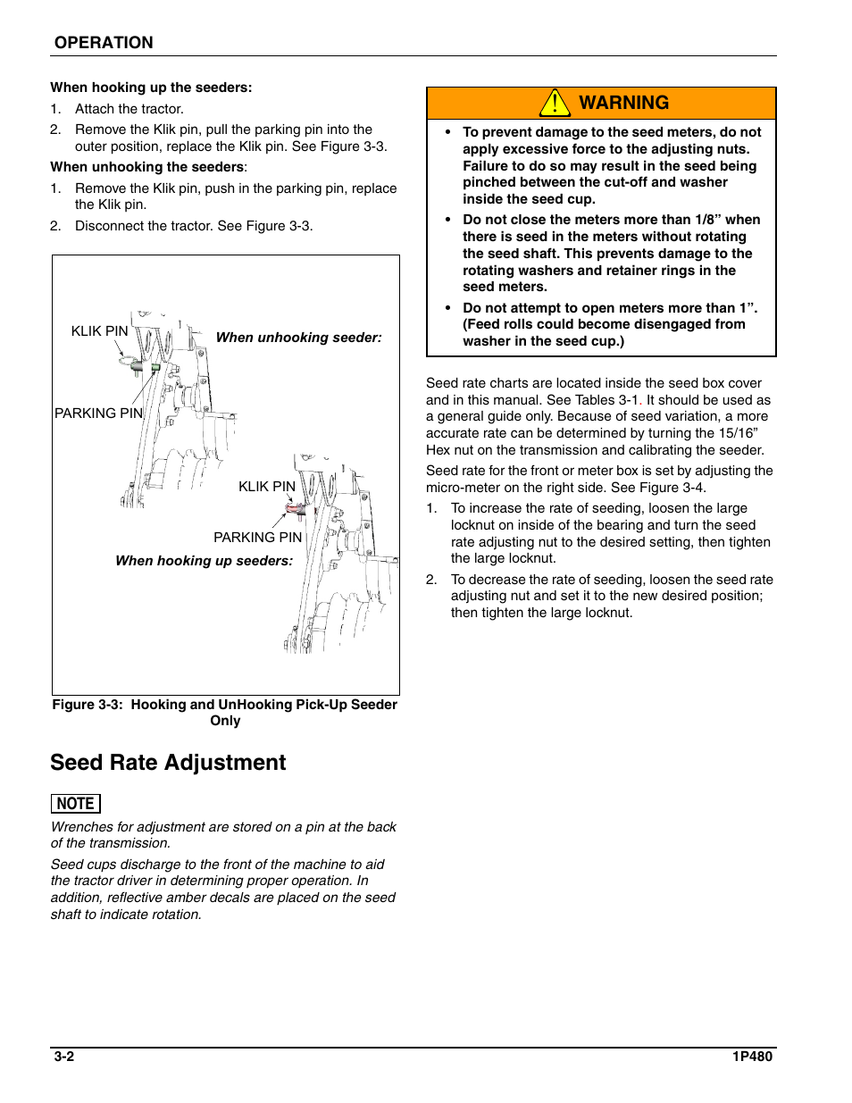 Seed rate adjustment, Warning | Landoll SS/SSB/SSP/SSBP 8, 10, 12 Sure Stand Seeder User Manual | Page 40 / 68