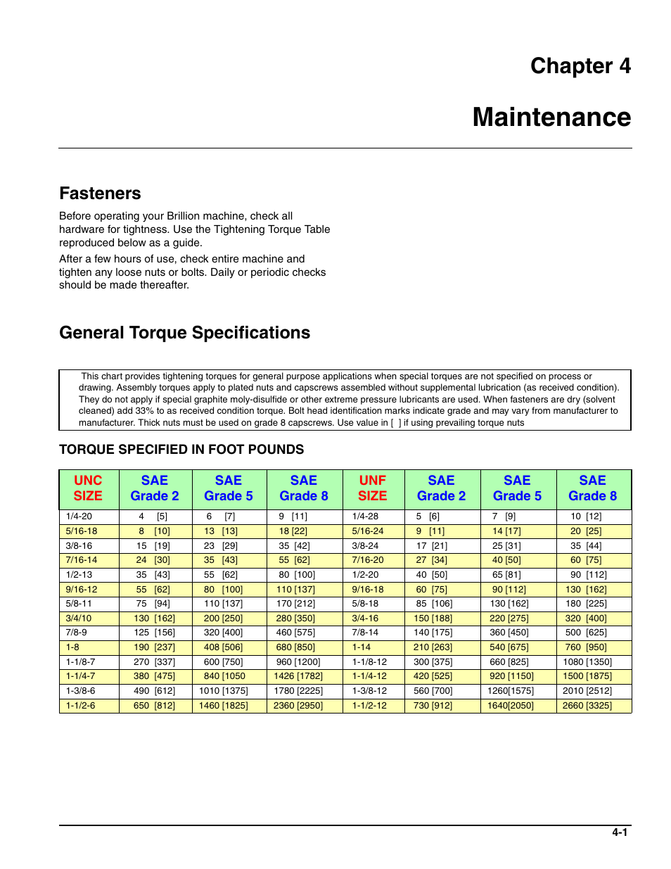 Maintenance, Fasteners, Chapter 4 | General torque specifications, Torque specified in foot pounds | Landoll SS/SSB/SSP/SSBP 8, 10, 12 Sure Stand Seeder User Manual | Page 53 / 68