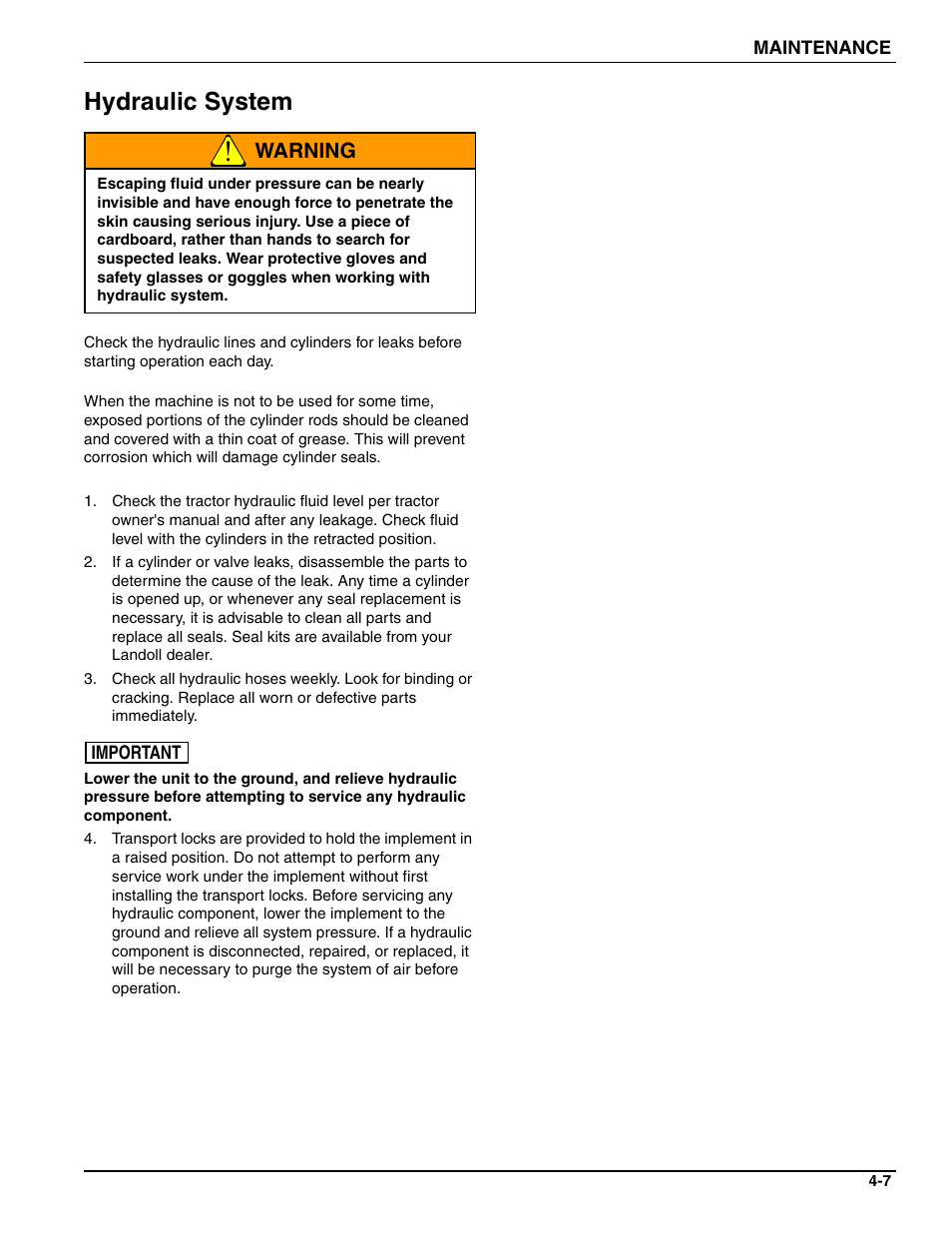 Hydraulic system, Warning | Landoll SS/SSB/SSP/SSBP 8, 10, 12 Sure Stand Seeder User Manual | Page 59 / 68