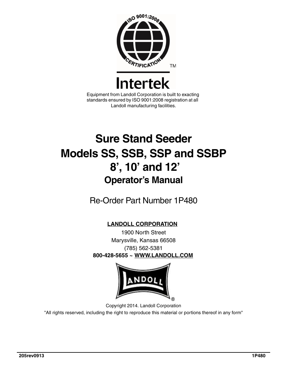 Operator’s manual, Re-order part number 1p480 | Landoll SS/SSB/SSP/SSBP 8, 10, 12 Sure Stand Seeder User Manual | Page 68 / 68