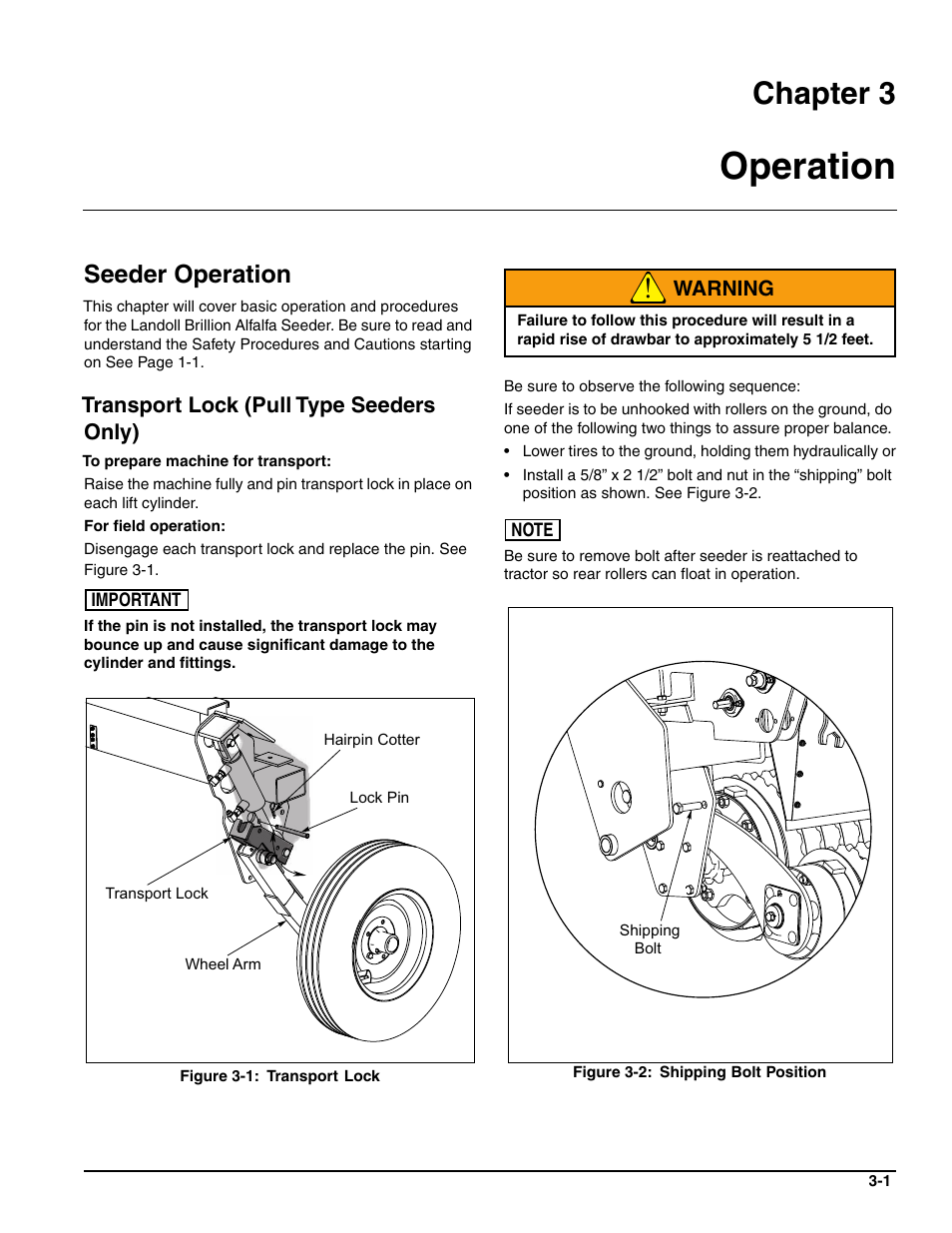 Operation, Seeder operation, Transport lock (pull type seeders only) | Chapter 3, Warning | Landoll SSP2101 High Capacity Sure Stand Seeder User Manual | Page 35 / 54