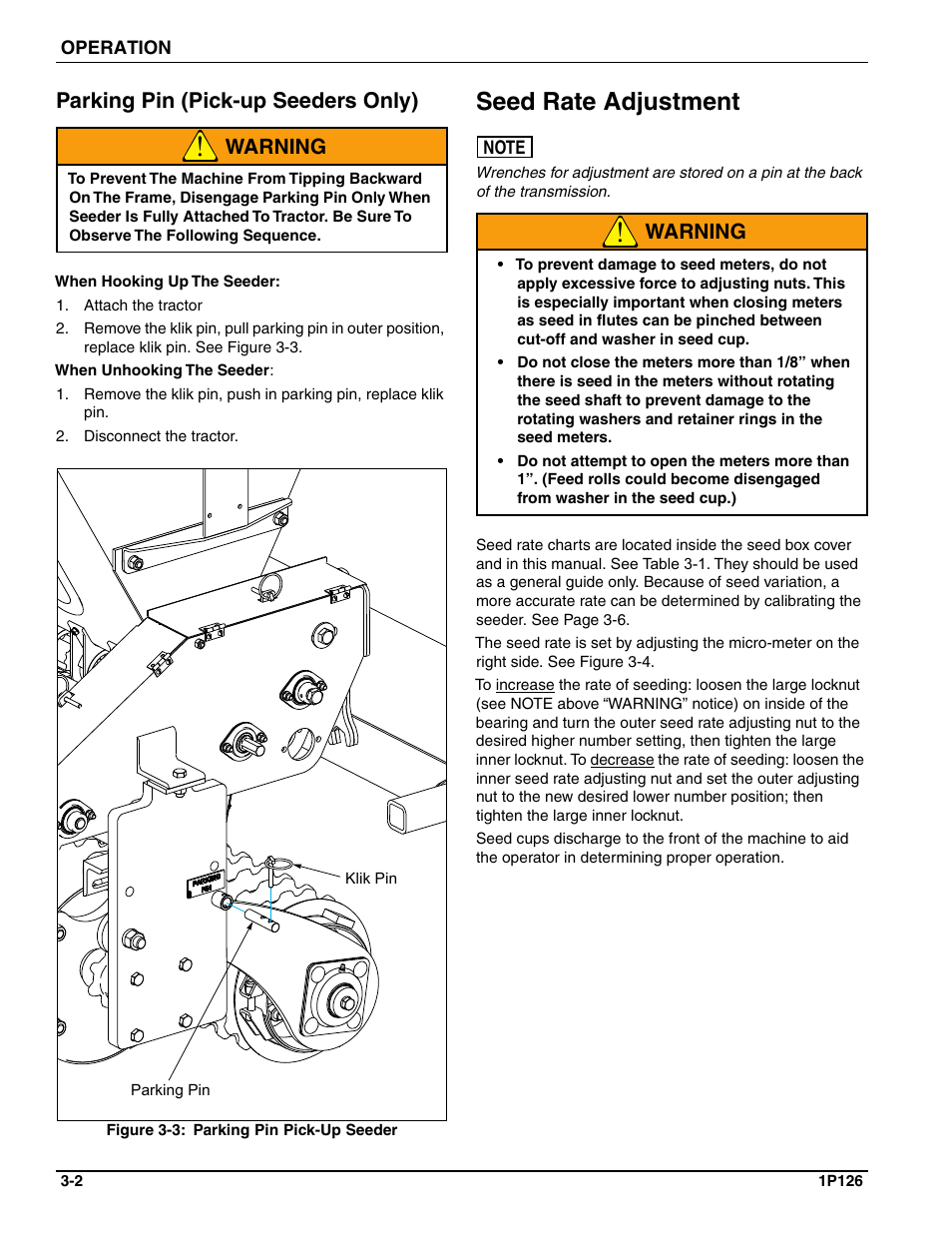 Parking pin (pick-up seeders only), Seed rate adjustment, Warning | Landoll SSP2101 High Capacity Sure Stand Seeder User Manual | Page 36 / 54