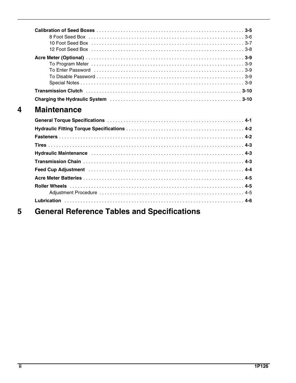 4maintenance, 5general reference tables and specifications | Landoll SSP2101 High Capacity Sure Stand Seeder User Manual | Page 4 / 54