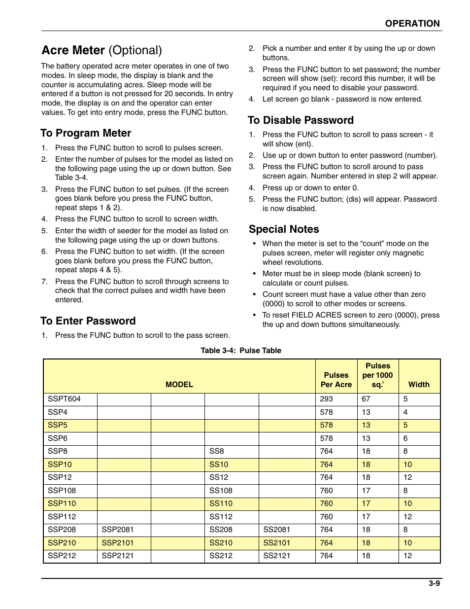 Acre meter (optional), To program meter, To enter password | To disable password, Special notes | Landoll SSP2101 High Capacity Sure Stand Seeder User Manual | Page 43 / 54