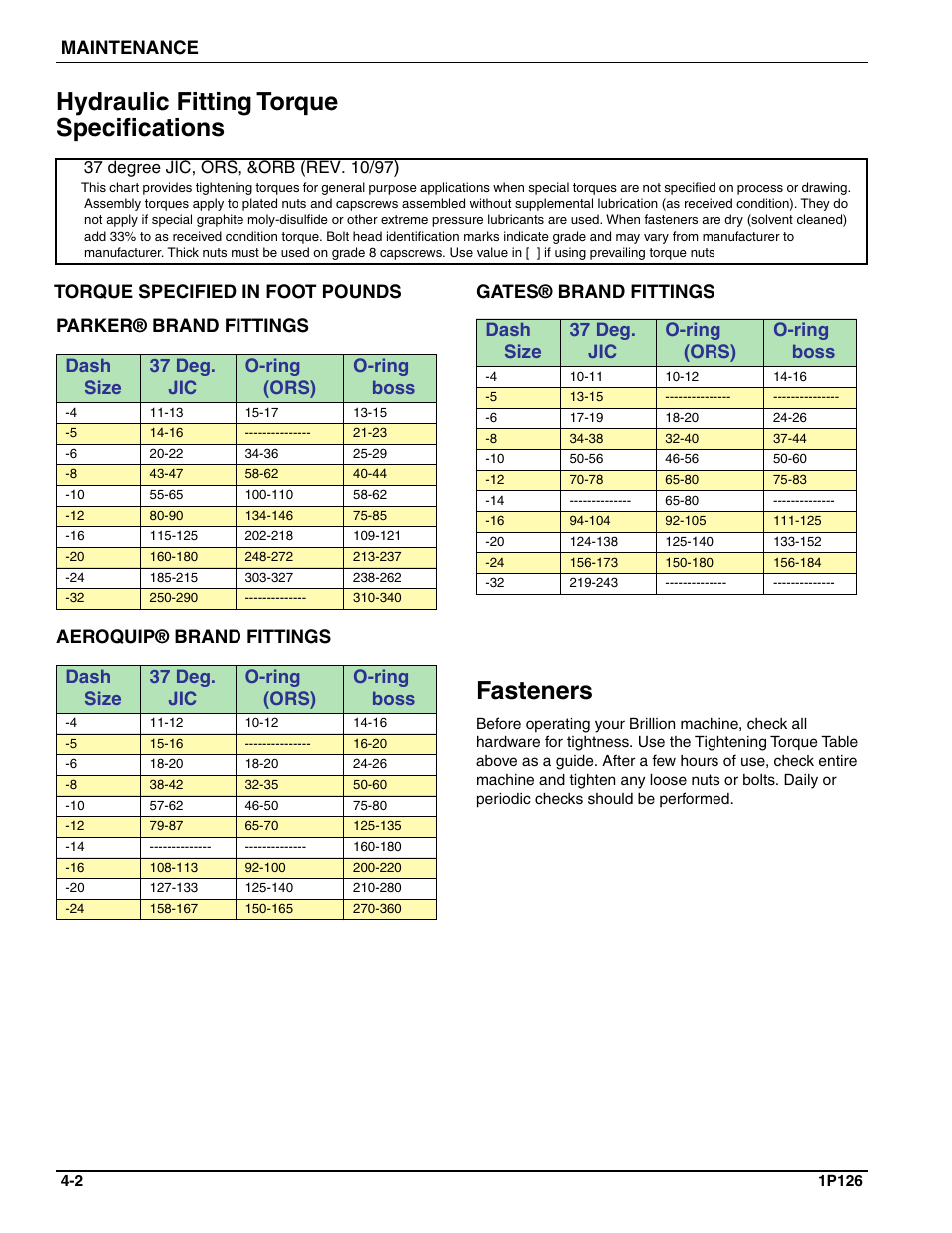 Hydraulic fitting torque specifications, Fasteners, Maintenance | Dash size 37 deg. jic o-ring (ors) o-ring boss | Landoll SSP2101 High Capacity Sure Stand Seeder User Manual | Page 46 / 54