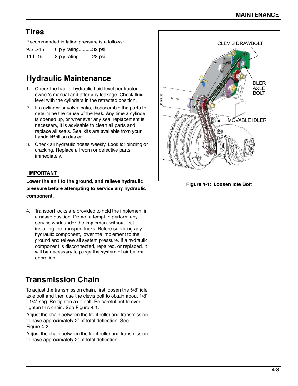 Tires, Hydraulic maintenance, Transmission chain | Landoll SSP2101 High Capacity Sure Stand Seeder User Manual | Page 47 / 54